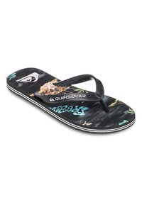 Mustat flip-flop-sandaalit, joissa on teksturoitu pohja, näyttävä värikäs kukkakuosi ja Quiksilver-logo, tukevat mustat hihnat ja valkoiset korostusviivat.