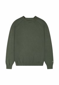 Suéter verde oliva con cuello redondo y dobladillo acanalados. Presenta mangas raglán y una textura de punto suave. Branding sutil en el dobladillo.