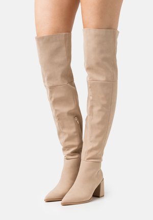 Botas de ante beige hasta la rodilla con tacón ancho, punta puntiaguda y detalle de cremallera lateral. Textura suave y diseño ajustado.