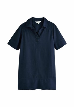 Dunkel marineblaues Kurzarmkleid mit Kragen und V-förmigem Ausschnitt auf weißem Hintergrund.