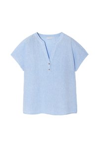 Top corto in lino azzurro chiaro con una vestibilità comoda; presenta un collo a V e tre bottoni decorativi sulla parte anteriore.