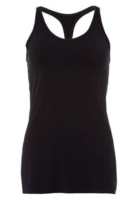 Černý sportovní top bez rukávů s racerback designem, hladkou texturou a minimálním logem na spodním lemu.