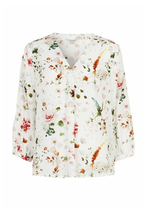 Weiße Bluse mit langen Ärmeln, verziert mit einem bunten Blumenmuster in Rot-, Grün-, Orange- und Rosatönen.
