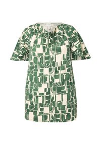 Camisa de manga corta en crema y verde, con un patrón geométrico que presenta formas y texturas variadas. Fabricada con tejido ligero.