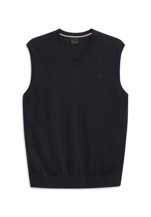 Ärmelloser schwarzer V-Ausschnitt-Pullover aus Strickstoff. Hat einen gerippten Saum und ein dezentes Logo auf der Vorderseite, glatte Struktur.