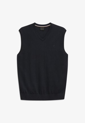 Ärmelloser schwarzer V-Ausschnitt-Pullover aus Strickstoff. Hat einen gerippten Saum und ein dezentes Logo auf der Vorderseite, glatte Struktur.