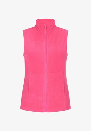 Roosa fleece-vest kõrge kaelusega ja täispika tõmblukuga. Omab sujuvat tekstuuri ja varrukateta disaini, sobib kihiliseks kandmiseks.
