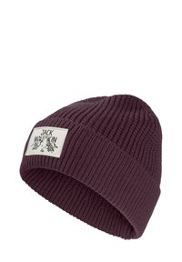 Bonnet tricoté violet avec une texture côtelée et un revers replié, comportant une étiquette rectangulaire blanche avec le texte "JACK WOLFSKIN" et des graphiques de montagnes.