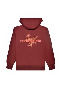 Felpa bordeaux con un grande design grafico di un cavallo arancione e il testo "PAS DE MONACO" sottostante. Materiale morbido in felpa con cappuccio.