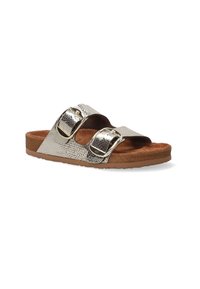 Metallic silver slide sandal with two large buckles, textured upper, brown cushioned insole, and light brown rubber sole.