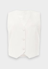 Chaleco blanco sin mangas con escote en V, cinco botones y un pequeño bolsillo en el pecho izquierdo. Textura suave y diseño estructurado.
