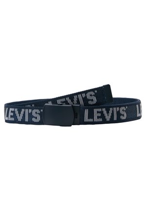 Black fabric belt with white "LEVI'S" text repeated along its length and a black rectangular buckle.