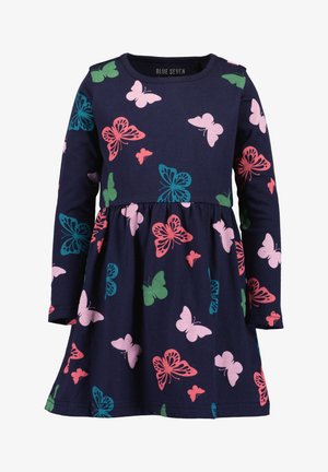 Navyblaues Langarmkleid mit geraffter Taille, dekoriert mit pinken, grünen, roten und türkisfarbenen Schmetterlingsmotiven überall.