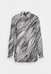 Camicia button-up a maniche lunghe con un motivo astratto a spirale bianco e nero, caratterizzata da un colletto classico e un design slim fit.