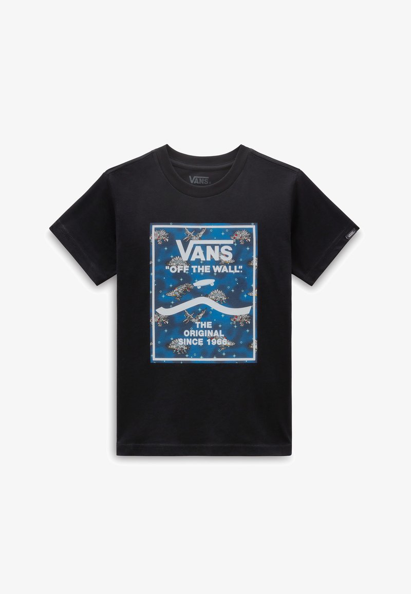 Czarny bawełniany t-shirt z niebieską grafiką przedstawiającą "VANS 'OFF THE WALL!'" oraz akcentami kwiatowymi. Krótkie rękawy i okrągły dekolt.