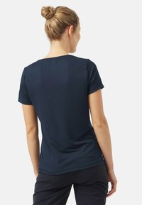 Dark blue short-sleeve T-shirt with a round neckline, smooth texture, and a relaxed fit, showcasing seams at the shoulders and waist.