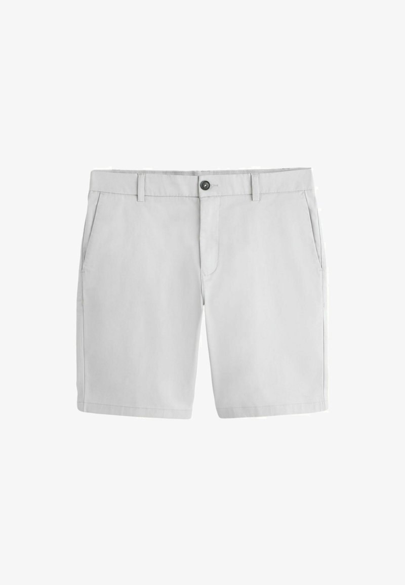 Shorts décontractés gris clair avec passants de ceinture, poches latérales, fermeture par bouton et braguette zippée, présentés à plat sur un fond blanc.