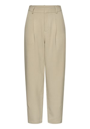 Smėlio spalvos priderinti kelnės su aukštu liemeniu, su klostėmis, tiesiomis kojų dalimis ir lygia audinio tekstūra. Be matomų užtrauktukų ar raštų.