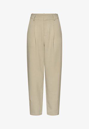 Pantalon beige sur mesure à taille haute, doté de plis, jambes droites et texture de tissu lisse. Aucun accessoire visible ni motif.