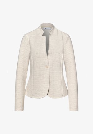 Naisten teksturoitu kerma bleiseri pystokauluksella, yksipainikkeinen suljenta ja pitkät hihat, räätälöity istuvuus.