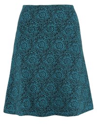 Falda acampanada en azul oscuro con un intrincado patrón floral en turquesa. Hecha de una tela suave, con una cinturilla de altura media.
