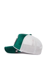 Green velvet cap with a white mesh back, curved brim, a black logo patch on the front, and white trim along the brim edge.