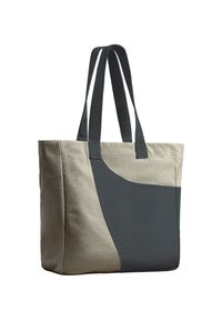 Beige canvas draagtas met een donkergrijze gebogen accent. Beschikt over dubbele stoftexturen en lange, stevige handvatten voor eenvoudig dragen.