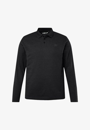 Langärmliges Polohemd aus einfarbigem schwarzem Baumwollstoff. Mit klassischem Kragen, Drei-Knopf-Leiste und dezentem Logo auf der Brust.