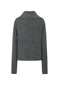 Grå ribbad stickad tröja med sjalkrage och långa ärmar, med en kortad design och en mjuk textur.