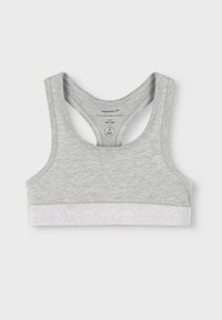 Soutien-gorge de sport en coton gris avec un design dos nageur et une bande argentée brillante avec un marquage en relief sur le bas.