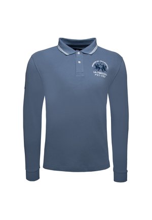Langærmet polo skjorte i dyb blå bomuld, med en klassisk krave med hvid kant og et broderet logo på brystet.
