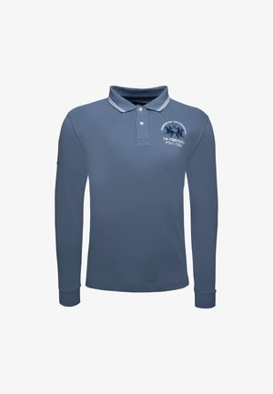 Pitkähihainen polo-paita syvänsinisestä puuvillasta, jossa on klassinen kaulus valkoisella reunalla ja brodeeratun logon rinnassa.