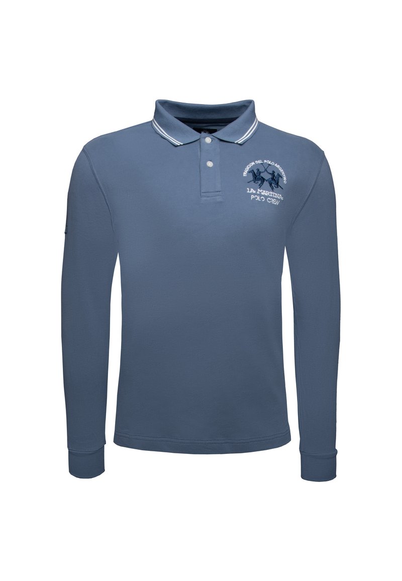 Poloko s dlouhým rukávem v tmavě modré barvě z bavlny, s klasickým límcem s bílým lemováním a vyšitým logem na hrudi.
