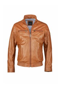Tansfarbene Lederjacke mit Stehkragen, zwei mit Reißverschluss versehenen Brusttaschen und elastischen Bündchen. Die Oberfläche ist glatt mit einem leicht glänzenden Finish.