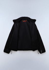 Jacket in pile nero con un esterno strutturato, un interno liscio nero, colletto e coulisse sul bordo. Senza chiusura visibile.