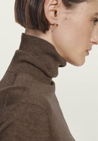 Maglione a collo alto marrone in una morbida trama a maglia, caratterizzato da un design aderente e un collo alto, che mette in risalto linee ordinate e pulite.