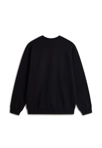 Felpa nera con maniche lunghe, scollo rotondo e polsini a coste. Tessuto liscio, colore uniforme, senza loghi o pattern visibili.