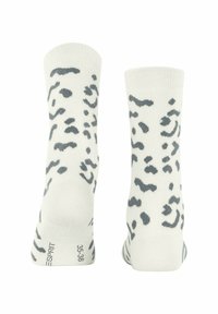 Chaussettes blanches pour la cheville avec un motif léopard gris ; caractéristiques d'une texture douce, de poignets côtelés et d'une indication de taille au bas.
