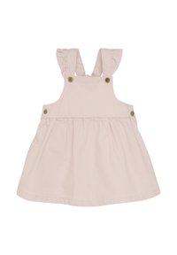 Rosa randig klänning med volangspännen, knappdetaljer och en utsvängd kjol. Tillverkad av mjukt bomullstyg för komfort.