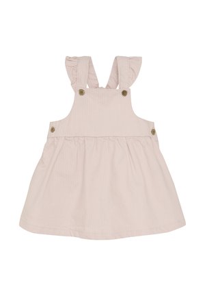 Rosa gestreiftes Kleid mit Rüschenträgern, Knopfakzenten und einem ausgestellt Rock. Hergestellt aus weichem Baumwollstoff für zusätzlichen Komfort.