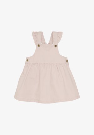 Lyserød stribet kjole med flæseemballage, knapdetaljer og en vidde skørt. Fremstillet af blødt bomuldsstof for komfort.