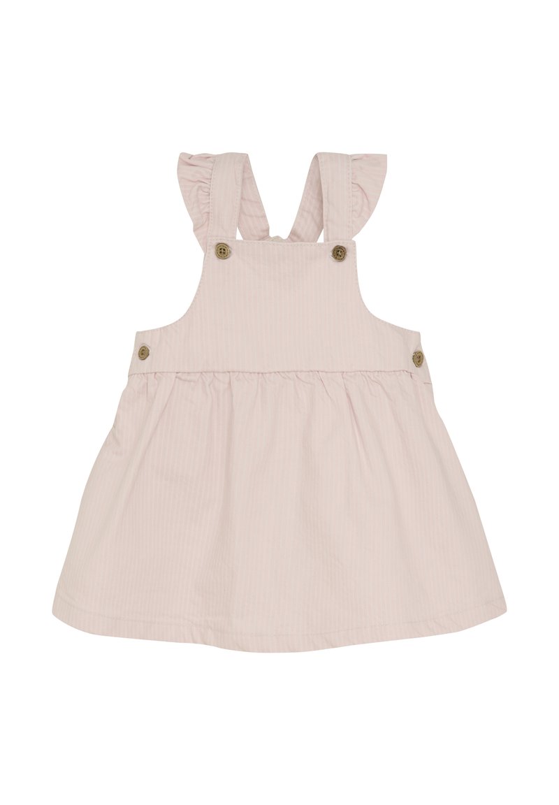 Rosa randig klänning med volangspännen, knappdetaljer och en utsvängd kjol. Tillverkad av mjukt bomullstyg för komfort.