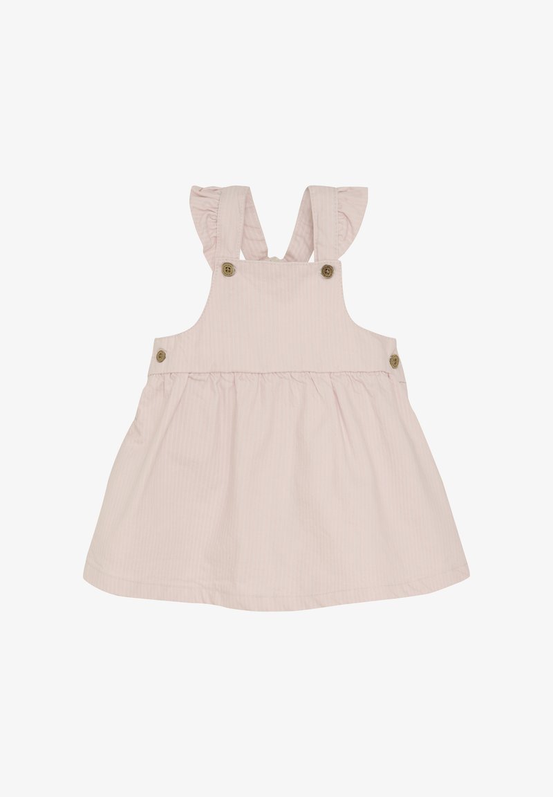 Roze gestreepte jurk met ruffles op de schouderbanden, knopen als accent en een uitlopende rok. Gemaakt van zachte katoen voor comfort.