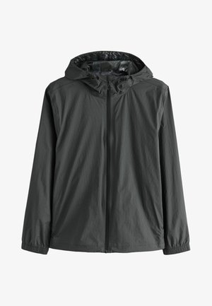 Veste légère gris foncé avec fermeture éclair à l'avant, capuche ajustable et poignets élastiques. Présente une texture à carreaux discrète sur l'ensemble.
