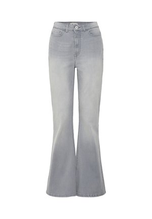 Jeans in denim grigio chiaro con vita alta e gambe svasate, dotati di tasche anteriori e chiusura con bottoni.