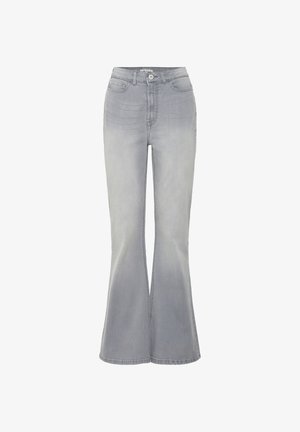 Lichtgrijze denim jeans met hoge taille en uitlopende pijpen, voorzien van voorzakken en knoopsluiting.
