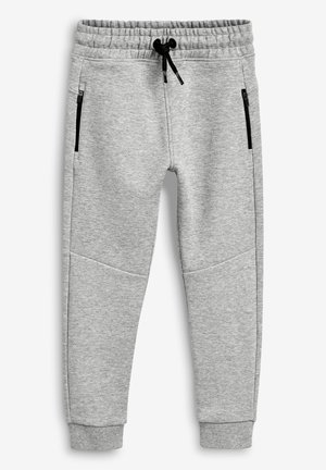 Pantalon de jogging gris clair avec taille élastique, cordon noir, poches latérales zippées et poignets côtelés aux chevilles.