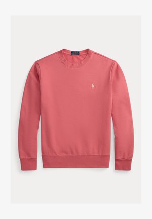 Korallinpunainen pitkähihaisuusvetoketjullinen collegepaita, jossa on resorit hihansuissa ja helmassa sekä pieni valkoinen Polo Ralph Lauren -logo rinnassa.