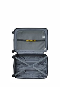 Valigia grigia su ruote con scomparti in rete, logo giallo "CATERPILLAR", forma rettangolare, superficie liscia e cinture interne per fissare gli oggetti.