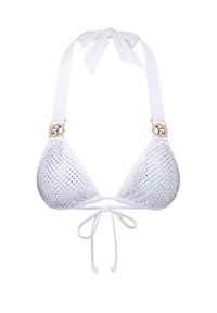 Bikini triangolare bianco con strass iridescenti a coprire le coppe, fissato con un accento dorato e spalline bianche con fiocco.